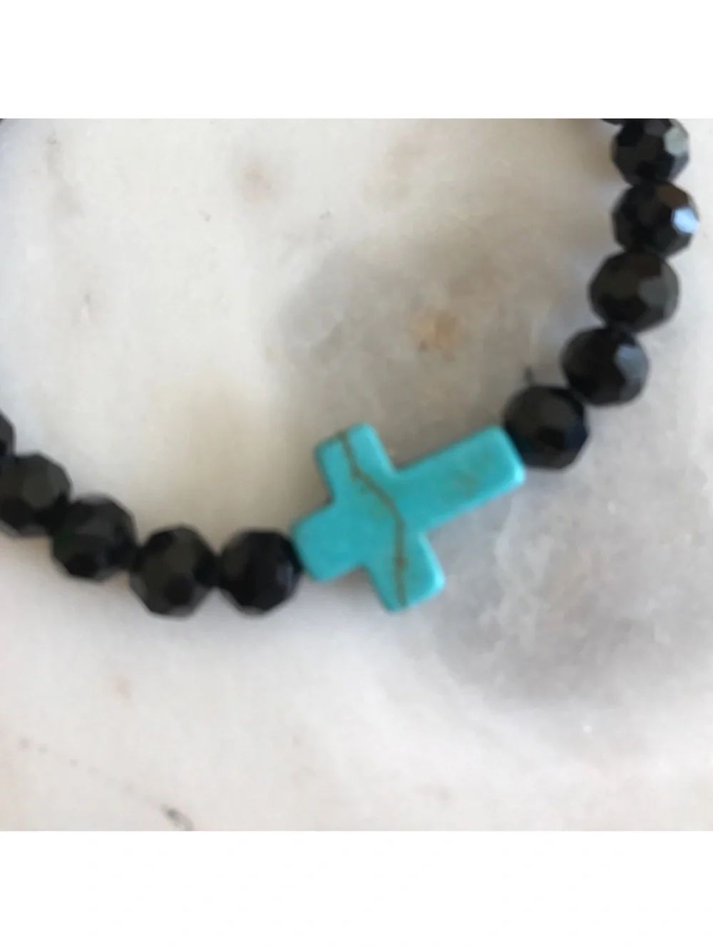 Black Beaded Stretch Bracelet with Turquoise Cross Accent